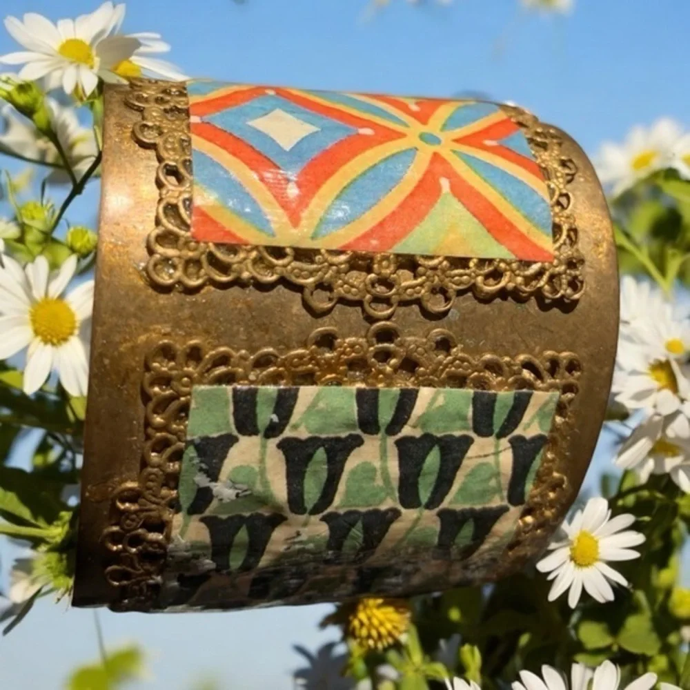 Colorful Patterned Brass Cuff Bracelet